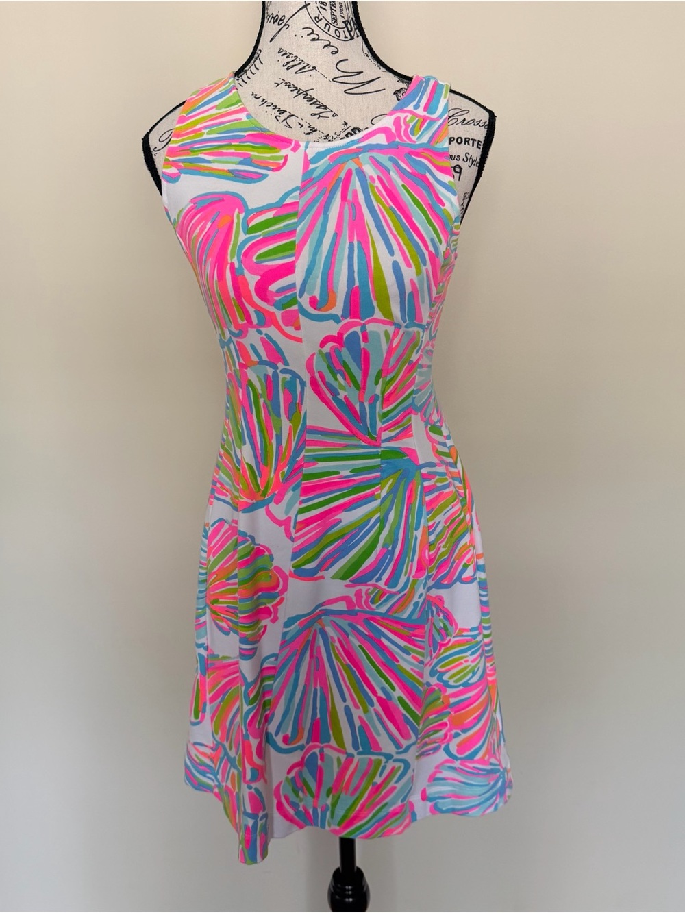 Lilly Pulitzer White Mini Dress with Pink, Green & Blue Shell Print